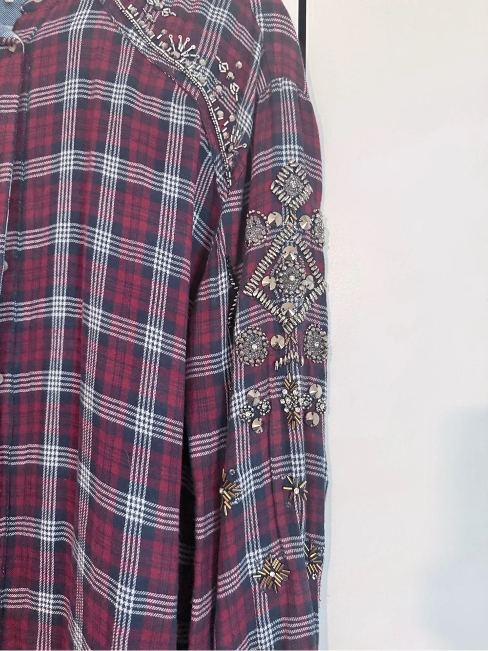 Free People Downtown Romance Embellished Plaid Button Down Shirt